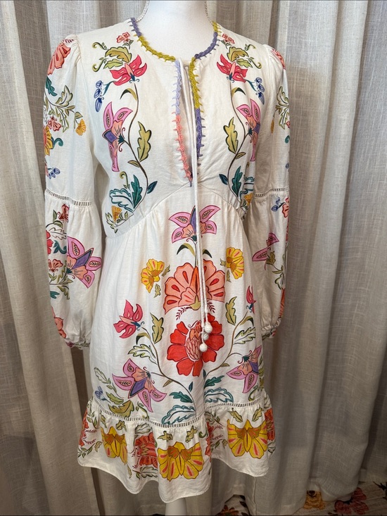 FARM Rio Dresses & Skirts - FARM Rio Floral Mini Dress Boho Long Sleeve Tassel Tie Size Small